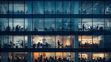 Outside view of office building with a number of windows, business people working inside