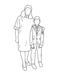 Sketch of a silhouette of a mother with her son, a grandmother with her grandson, a teacher with a student, hugging, isolated vector