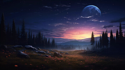 The breathtaking nocturnal scenery of a meadow with distant trees accentuated by a magnificent full moon Image editing and three dimensional illustration techniques were employed 