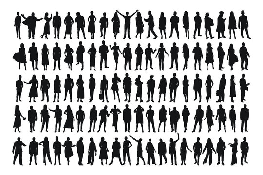 Collection of black silhouettes of people, men and women, isolated vector