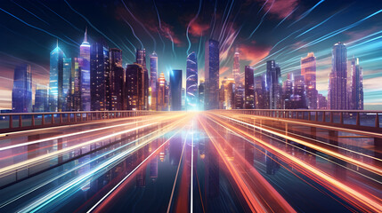 Fototapeta na wymiar Speed light trails path through smart modern mega city and skyscrapers town along with neon futuristic technology background, future virtual reality, motion effect, high speed light