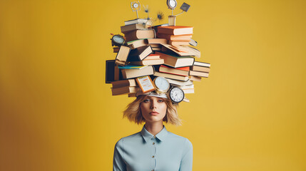 Tired woman with a bunch of books, papers and clock on her head, time management concept - Powered by Adobe