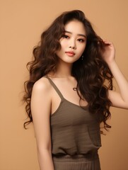 Beautiful young Asian woman wearing tank top with long curly hair, Korean style makeup and perfect skin on an isolated background, AI Generative