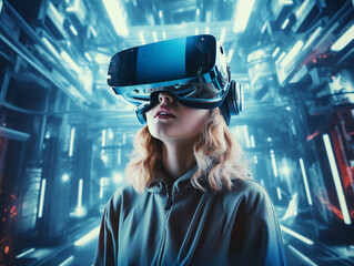 young woman in futuristic goggles interacting with virtual reality while exploring cyberspace in bright room 