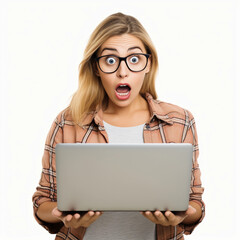 Young woman surprised or shocked looking at laptop screen isolated on white background 