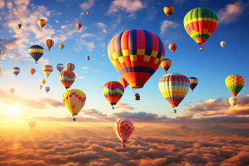 At a lively carnival, bright hot air balloons rose merrily into the striking heavens.