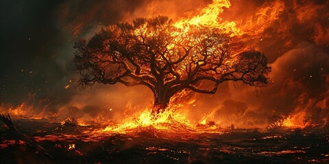 A blazing tree. City threatened by raging fire, endangering drivers and occupants. Deadly inferno.