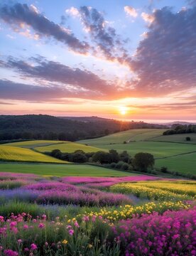 Atardecer sobre campo de flores , paisaje de flores, hermosa primavera 