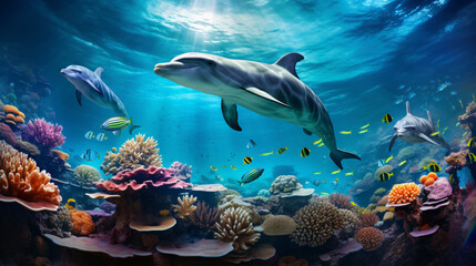 Fototapeta na wymiar Dolphins and a reef undersea environment
