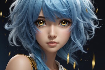 Anime character hyper realistic blue hair gold eyes