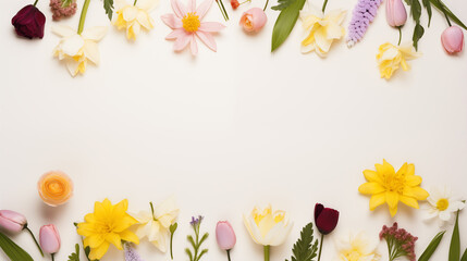Naklejka na ściany i meble assortment of spring flowers on pale pink background
