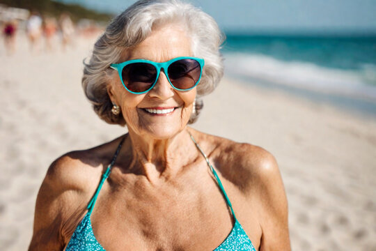 Happy old senior woman in bikini with wrinkled face, flabby tanning skin and gray hair enjoys retirement on sea beach, mature granny in sunglasses and swimwear, elderly model
