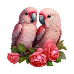 Two birds parakeet with roses. AI generated image