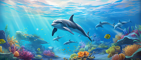 Obraz na płótnie Canvas Dolphins and a reef undersea environment