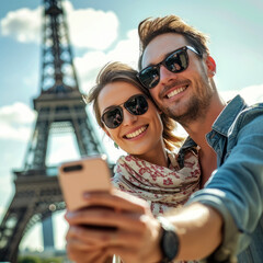 Junges paar mit Sonnenbrillen macht eine Selfie vor dem Eiffelturm