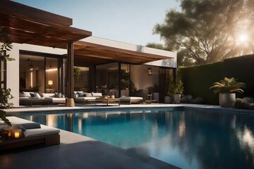  a luxurious private oasis showcasing a sparkling swimming pool and a serene patio area. Perfect lighting captures this scene, rendering it with super realistic detail through the high-definition 