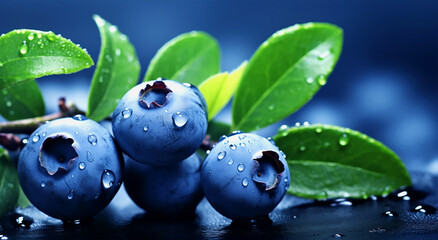 Blueberries with drops of water on a background of green leaves.