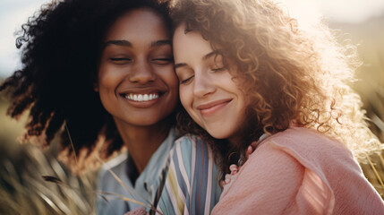 Cheerful multi-ethnic female pals joyously embracing in open air, with a close-up view of their blissful grins. - obrazy, fototapety, plakaty
