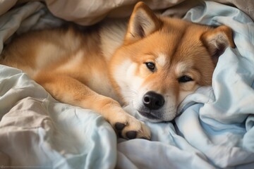 Cute Akita Inu basking in a light blue cozy blanket