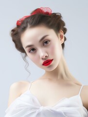 Naklejka premium Portrait of young Japanese woman wearing ballet dress on isolated white background, AI Generative