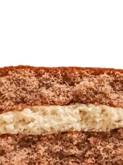 Layered coffee cake section texture closeup macro section detail with copy space on white background
