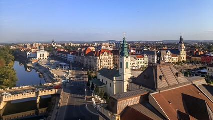 Romania, Oradea old town panoramic view on a sunny day with a clear blue sky. European architecture city view