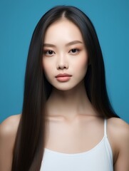 Obraz premium Young beauty japanese woman long straight hair with Korean style makeup and perfect clean skin on isolated blue background, AI Generative
