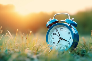 Blue alarm clock on grass on natural background
