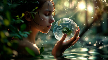 Earth Protection Day. The concept of protection: a girl holds a planet in her hands in a tropical forest.