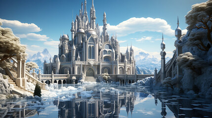 Fototapeta premium Enchanting Winter Palace in Snowy Peaks, White Castle, Conceptual Design Scene