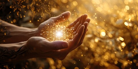 Spiritual hands with shining star between against a golden Flower of Life backdrop for a holistic healing theme. - obrazy, fototapety, plakaty