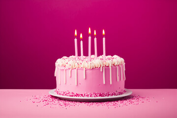 cake festive pink with five burning candles on simple background cake festive green with burning candles on simple background
