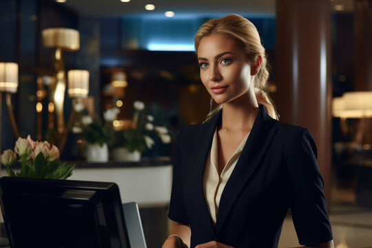 Business Woman At The Reception Of A Hotel Checking In