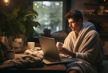 A Caucasian man wrapped in a blanket working on a laptop on a weekend morning with a cup of hot coffee standing nearby in modern interior room - obrazy, fototapety, plakaty