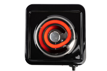 Top view of a tabletop electric stove with a hot heating element.