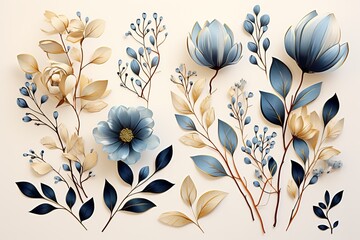 Watercolor design elements blue beige flowers, leaves, eucalyptus, branches set for wedding stationary, invitation card
