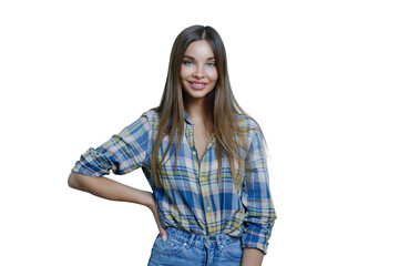 Confident young woman in casual plaid shirt posing with hand on hip, long hair, smiling, against a...