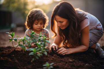 Close up of attractive mother with cheerful child planting a tree into soil on house backyard during morning light - Powered by Adobe