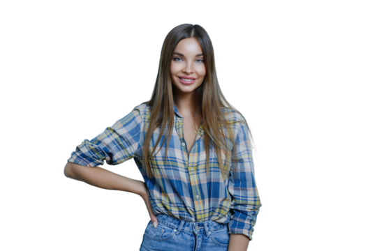 Confident young woman in casual plaid shirt posing with hand on hip, long hair, smiling, against a blue background