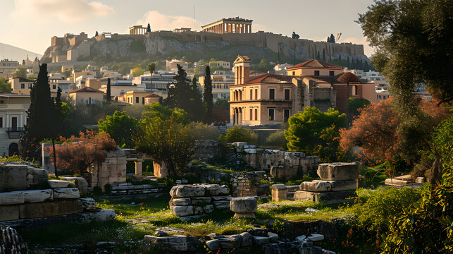 A photo of the ancient Agora of Athens, with historic buildings as the background, during an early spring morning