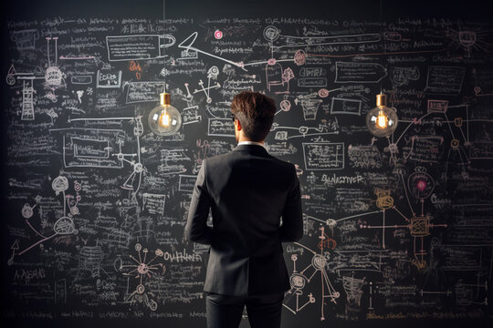 Businesswoman brainstorming using a blackboard