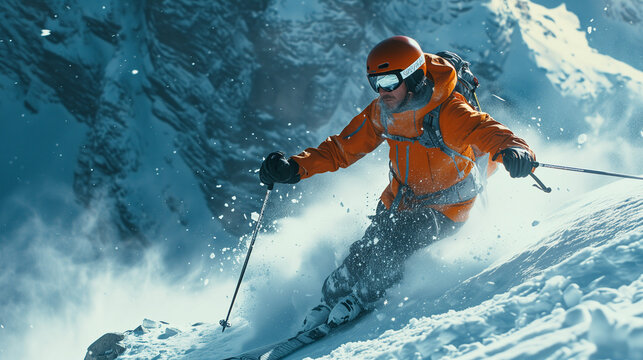 Hombre esquiando sobre la nieve en un paisaje de monta&ntilde;as nevadas