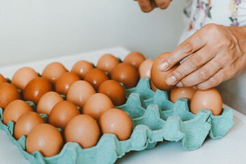 Close up of a woman holding a tray of free-range red eggs. The egg has nutrients with antioxidant...