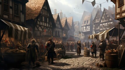 Medieval market created with Generative AI - obrazy, fototapety, plakaty