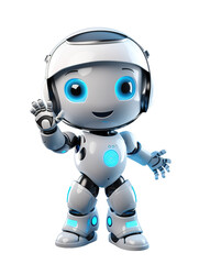 Cute little robot waving hello with its hand. Isolated on a transparent background. 
