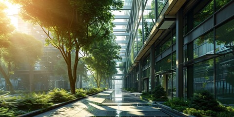 Eco-conscious office building with greenery for carbon reduction in urban area. - obrazy, fototapety, plakaty