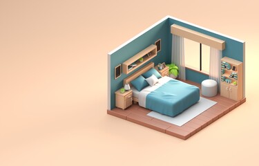 Isolated 3D Bedroom. 3D Illustration