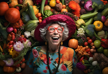 A elderly women in tropical fruit shit and pink hat and red glasses surrounded by colorful vegetables 