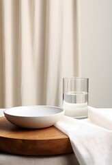 Fototapeta na wymiar white dishes and glasses, on a white linen tablecloth, play of light, sun rays from the window, minimalism, Nordic style, still life in pastel colors