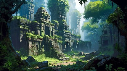 Ancient ruins in the jungle overgrown ancient ruins. AI generated